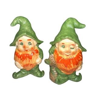 2 Vintage Garden Gnomes Salt N Pepper Shakers Set 4" Elves Pixie Made In Japan